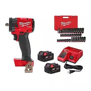 Milwaukee M18 FUEL 3/8" brushless cordless impact wrench with red/black body, two 5.0Ah batteries, black charger, and 43-piece impact socket set in carrying case.