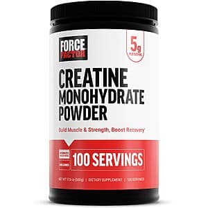 Clear container of Force Factor Creatine Monohydrate Powder in unflavored white powder form, 1.1 pound size.