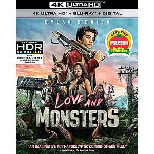 Love and Monsters 4K Ultra HD and Blu-ray combo pack case with movie artwork displayed.