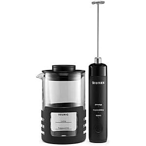 Black Keurig SimpleCafe rechargeable handheld beverage frother with trigger handle and whisk attachment.