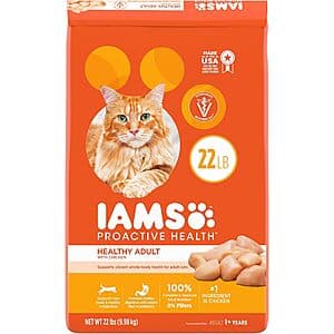 Select Accts: IAMS Proactive Health Dry Cat Food: 22-lbs Healthy Adult (Chicken) $18 & More w/ S&S