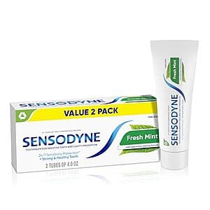 Two 4-ounce tubes of Sensodyne Fresh Mint Sensitive Toothpaste with blue and white packaging.