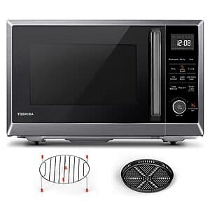 Black stainless steel Toshiba air fryer combo microwave with 1.0 cubic foot capacity and digital control panel.