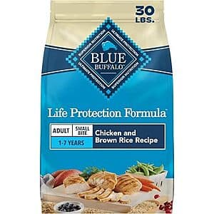30-pound bag of Blue Buffalo Life Protection Adult Dry Dog Food with chicken and brown rice formula in brown and blue packaging.
