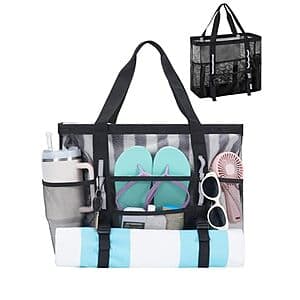 17" WANDF Large 41L Mesh Beach Tote Bag w/ 40oz Tumbler Pockets (Black or Blue) $6