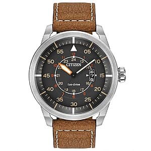 Silver-tone stainless steel men's watch with luminous hands, date window, and brown leather strap on white background.