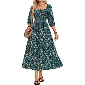 Kate Kasin women's boho maxi dress in lined fabric with 3/4 sleeves and smocked detail, featuring functional pockets, shown in various color options.