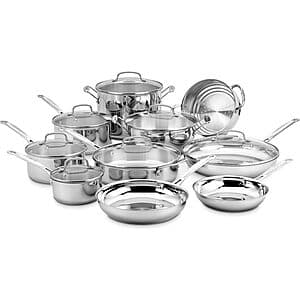 Cuisinart 17-piece stainless steel cookware set with pots, pans, lids, and cooking utensils.