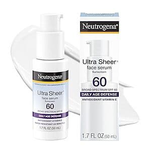 Neutrogena Ultra Sheer SPF 60 Face Sunscreen bottle, 1.7 oz, with white packaging and blue accents.