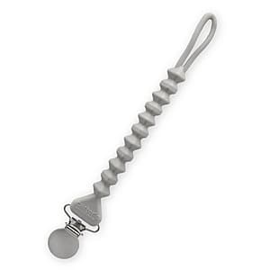Grey silicone pacifier clip with beaded design and metal clasp attachment.