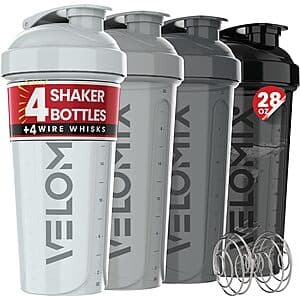 Four 28 oz silver protein shaker bottles stacked together, each with a wire whisk attachment and leak-proof design.