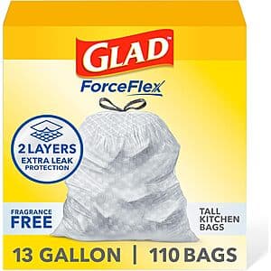 110-Ct 13-Gal Glad ForceFlex Tall Kitchen Drawstring Trash Bags (Fragrance Free) $12.40 w/ Subscribe & Save