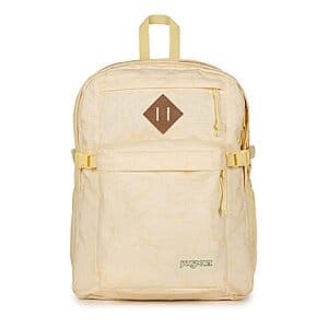 Natural and lemon ice colored JanSport Main Campus backpack with visible laptop compartment and water bottle pockets.