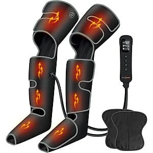 SHINE WELL leg and foot compression massager device with heat and massage functions in neutral tones.