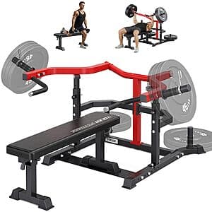 YOLEO 2-in-1 chest press machine with black frame, independent converging arms, and gray adjustable weight bench with backrest support.