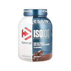 3-pound container of Dymatize ISO100 chocolate-flavored whey protein isolate powder with white and brown packaging.