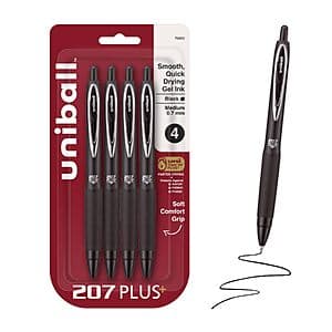 4-Pk uniball 207 Plus+ Retractable Gel Pens (Medium Point, 0.7mm, Black) $3.65