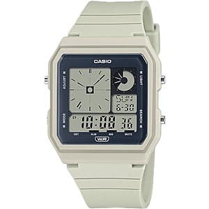 Casio POP digital watch with rectangular face, LED display, and eco-friendly renewable bio-based band in neutral tone.