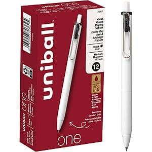 12-Pk Uni-Ball One 0.7mm Medium Point Retractable Gel Pens (Black) $10