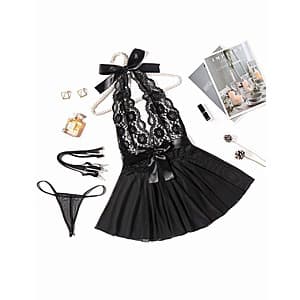 Avidlove Women's Lace Babydoll Chemise Halter Lingerie Dress w/ Belts & Thong $7