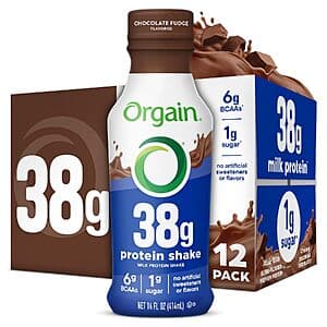 12-Pk 14-Oz Orgain 38g High Protein Grass-Fed Shakes (Chocolate Fudge) $21 w/ S&S