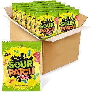 Twelve 3.6-ounce packages of Sour Patch Kids Original soft & chewy candy displayed together.