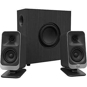 Klipsch ProMedia Lumina 2.1 speaker system with black speakers, subwoofer, and customizable RGB lighting effects.