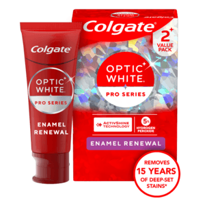 Colgate Optic White Pro Series Enamel Renewal Toothpaste 2-Pack with white and blue packaging.