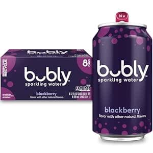 8-pack of 12-ounce Bubly Sparkling Water cans in Blackberry flavor with purple branding and labeling.