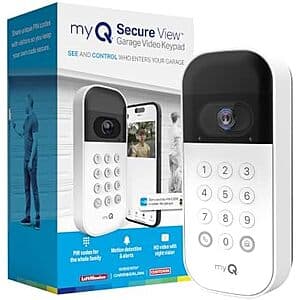 myQ Smart Garage Video Keypad with integrated camera, Wi-Fi connectivity, and black casing for smartphone-controlled garage door access.