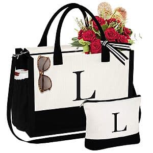 YOOLIFE Initial Canvas Tote Bag & Makeup Bag Set (Various Letters) $11