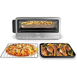 Ninja 8-in-1 air fryer toaster oven combo with flip-up storage design in stainless steel.