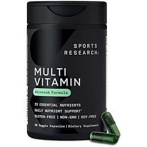 Sports Research multivitamin bottle with 60 capsules, featuring label showing 23 essential micronutrients.