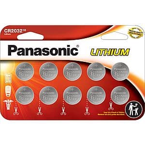 10-Pack Panasonic CR2032 3.0 Volt Lithium Coin Cell Batteries $7