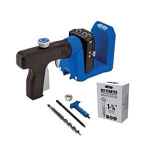 Kreg Pocket-Hole Jig 520PRO with integrated clamping mechanism, rotating handle, and drill bit attachment for woodworking joint creation.