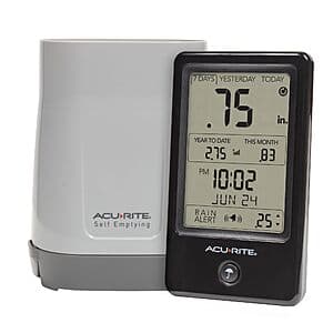 AcuRite Digital Wireless Rain Gauge w/ Self-emptying Rain Collector (Various) $25