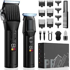 Black Solati cordless hair clippers and beard trimmers kit with LED display panel on the device.