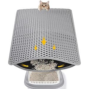 Grey double-layer waterproof cat litter mat measuring 24x15 inches with honeycomb surface pattern.