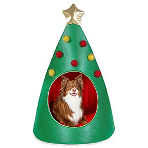 Red and green Christmas tree-patterned extra-large pet bed with foam shell, 38 inches wide with removable pillow cushion for large dogs.