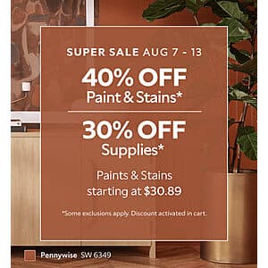 Sherwin-Williams Summer Super Sale: Sherwin-Williams Paints & Stains 40% Off & More + Free Pickup (Valid thru 8/13)