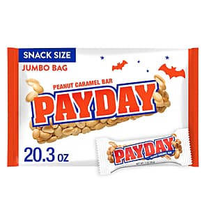 20.3oz jumbo bag of PayDay snack-size peanut and caramel candy bars in orange and brown packaging.