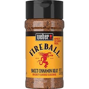 Weber Whiskey Flavored BBQ Seasoning in Fireball flavor, 3.5 oz container.