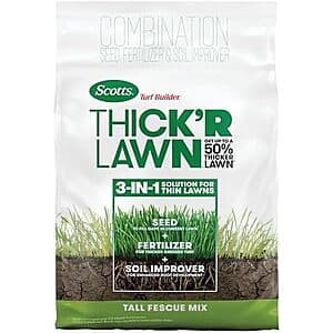 Bag of combination grass seed, fertilizer, and soil improver product for lawn care.