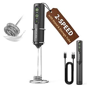 Black Circle Joy KJBQ handheld milk frother with rechargeable base stand on white background.