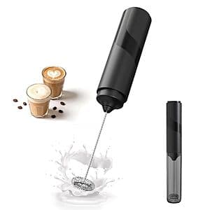 Black Circle Joy portable handheld electric milk frother wand with ergonomic grip design.