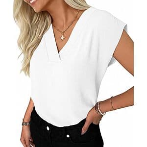 GKBK women's white v-neck cap sleeve textured peasant blouse with gathered sleeves and soft fabric texture.