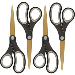 Four black and gold Westcott 8-inch titanium-bonded scissors arranged together.