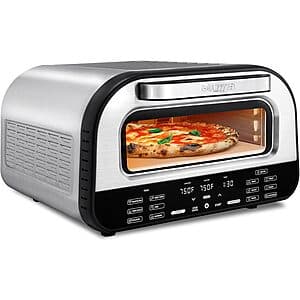 Stainless steel Gourmia 3-in-1 indoor pizza oven air fryer toaster with compact countertop design.