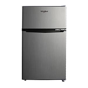 Whirlpool stainless steel mini top freezer refrigerator with 3.1 cubic feet capacity, compact design with freezer compartment on top.