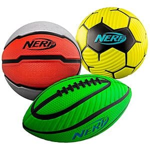 Three mini Nerf foam sports balls including a spiral football, soccer ball, and basketball in assorted colors.